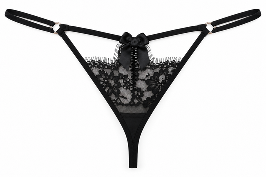 Midnight Bow – Black Floral Lace G-String Thong